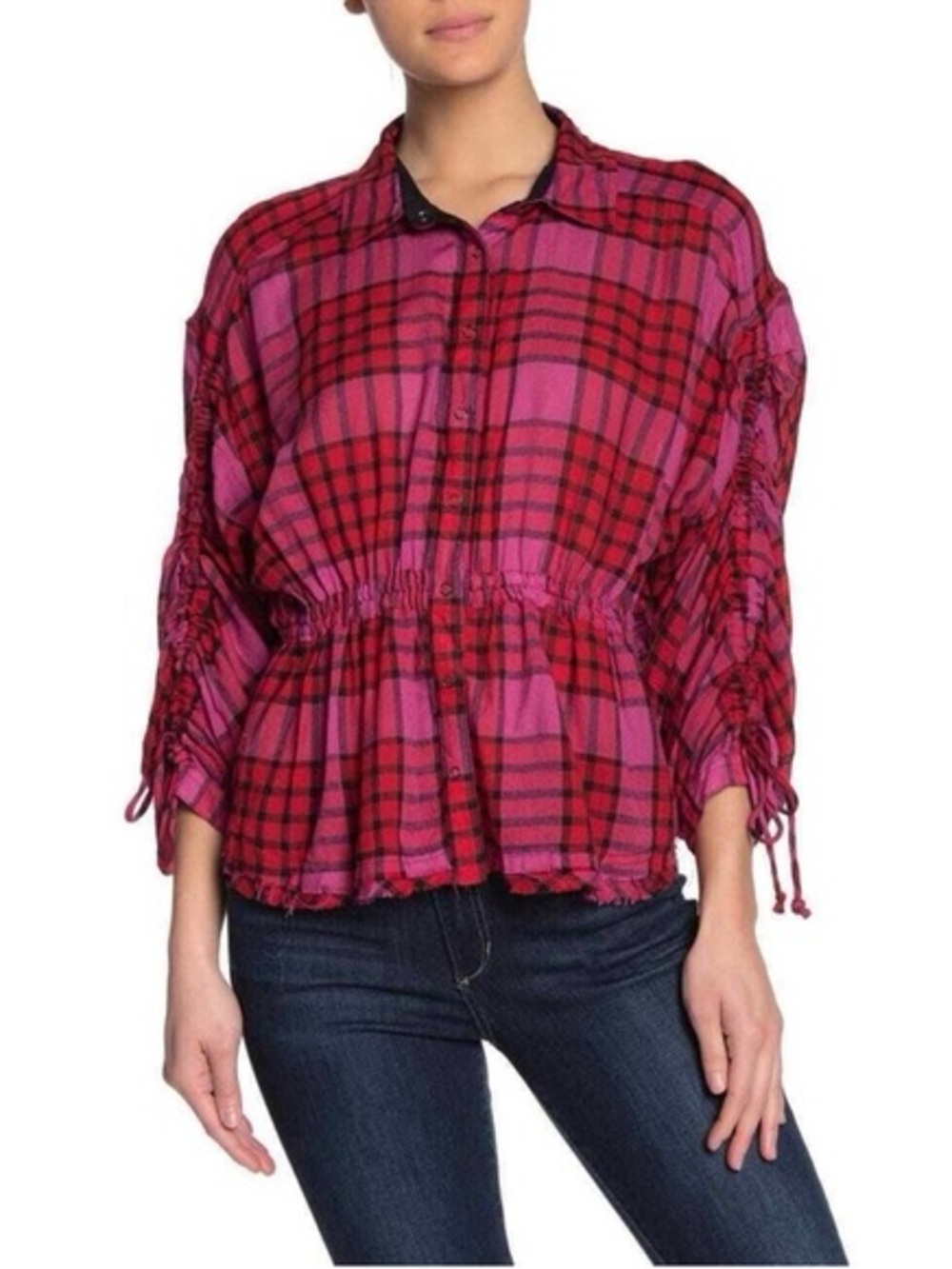 Free People We The Free PINK, RED PLAID Ruched Sleeve SNAP UP BLOUSE shirt Large